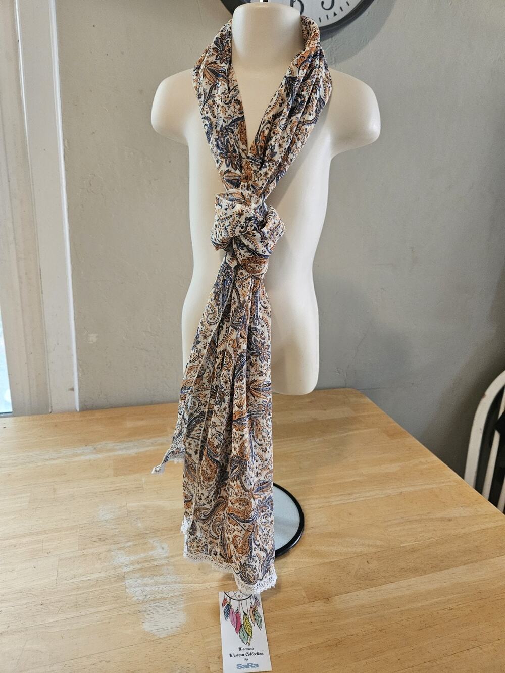 SaRa Western Rectangle Scarf Paisley Cream Blue Brown Knit Synthetic Lace